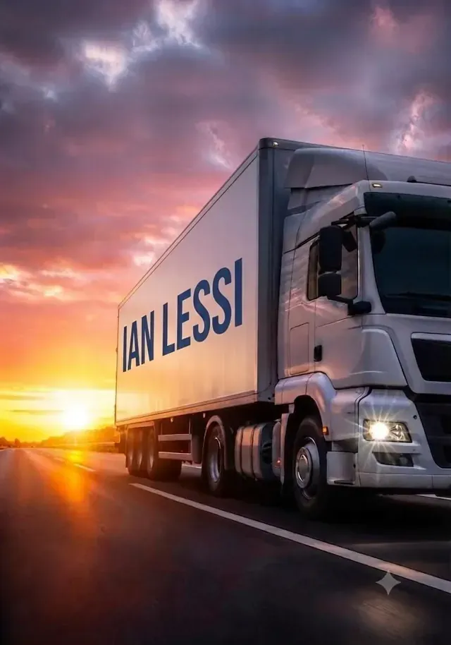 Camión de Ian Lessi en la carretera durante el atardecer